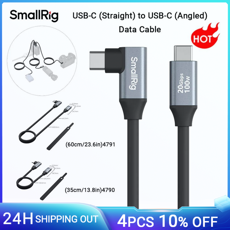 Cavo dati angolato da USB-C dritto a USB-C SmallRig, supporto per ricarica rapida da 20 Gbps e 100 W, cavo Power Bank per batteria per fotocamera DSLR