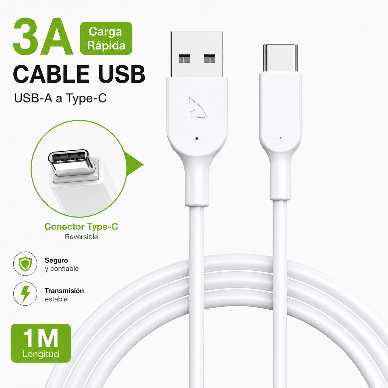 Cavo USB a USB Type-C 3A per Ricarica Rapida, 1m, Cavo di Ricarica e Dati USB-A a Type-C per Samsung, Xiaomi, Huawei, Redmi