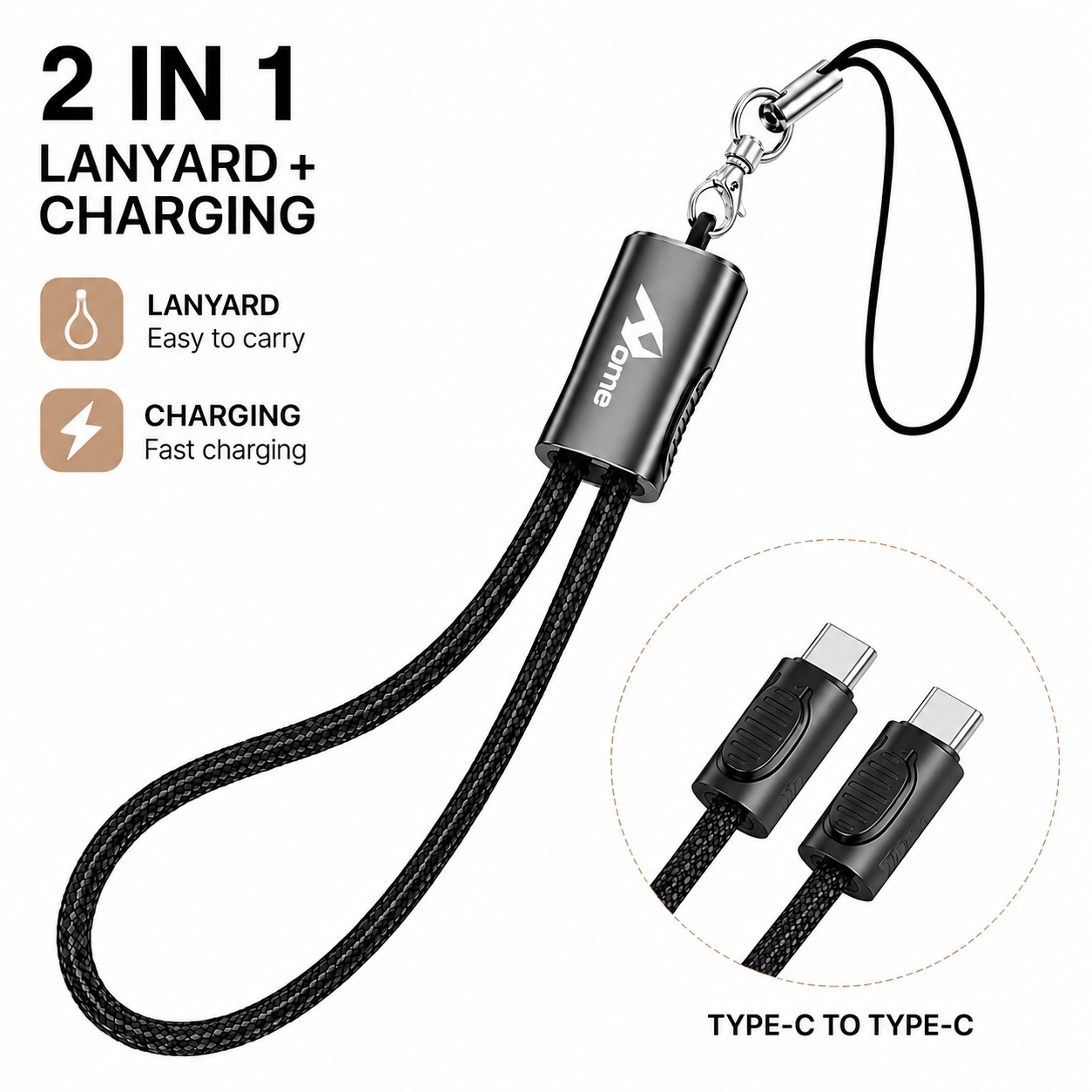 Cavo USB-C a USB-C 60W 2 in 1 con Cinturino da Appendere | Ricarica Rapida PD | Cavo portachiavi portatile da 30 cm per cellulare, tablet e altro ancora