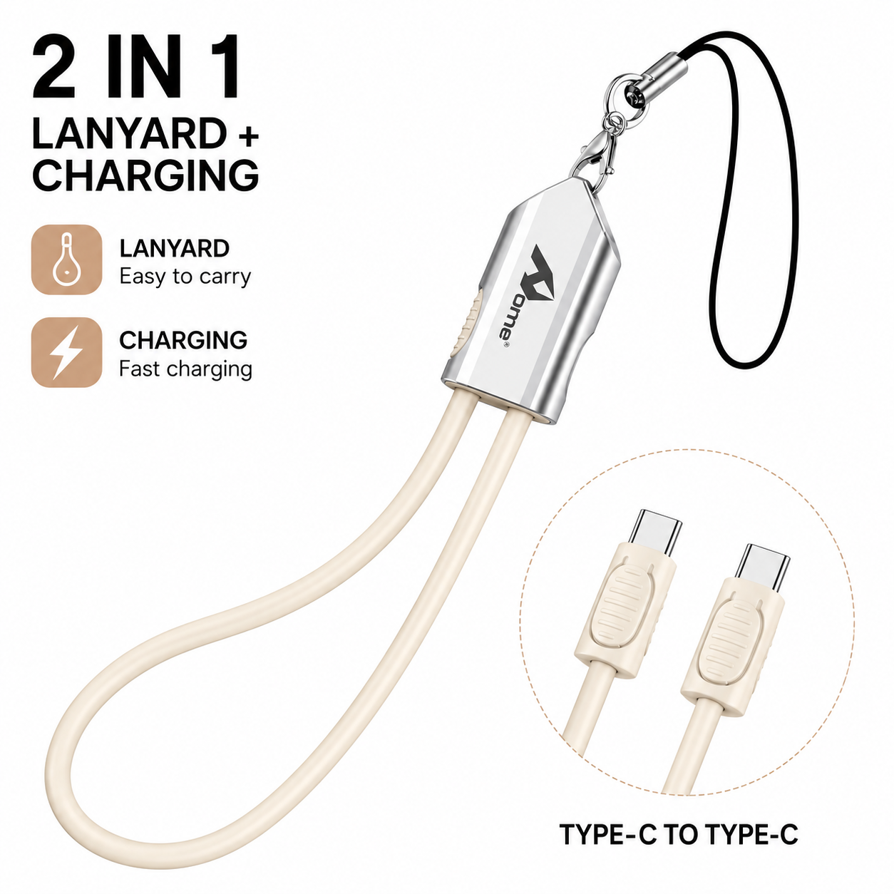 Cavo USB-C a USB-C 60W 2-in-1 con Cinturino da Appendere | Ricarica Rapida PD | Cavo portachiavi portatile da 30 cm per cellulare, tablet e altro ancora