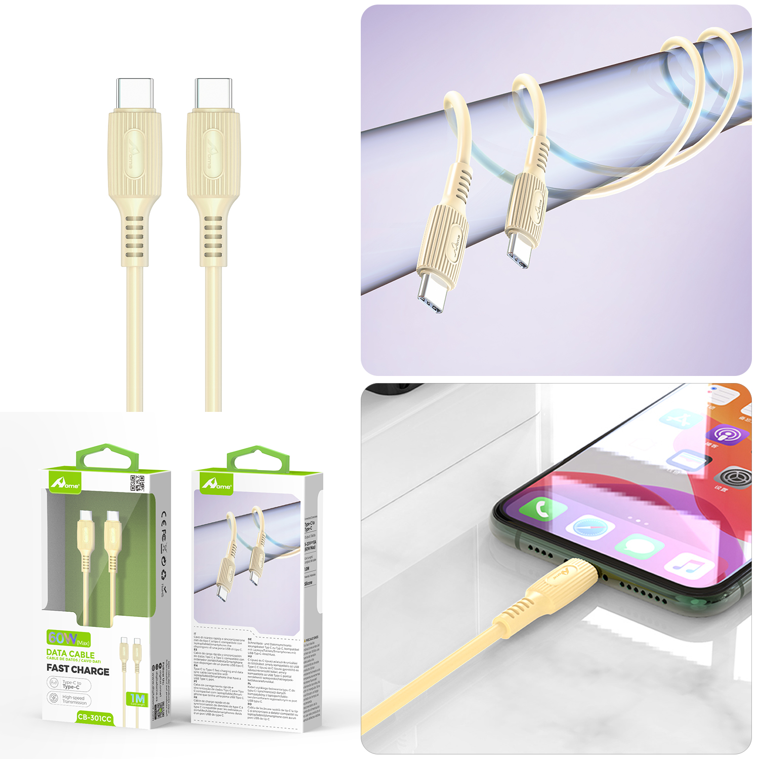 Cavo USB-C a USB-C 60W Max 1 Metro | Caricamento e Trasferimento Dati | Silicone