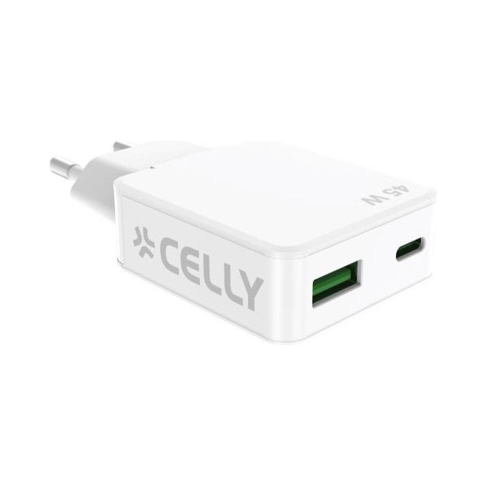 Celly SLIMTC1C1A45WWH Slim Collection Caricabatterie da Parete GaN 45W USB-C USB-A Ricarica Rapida colore Bianco