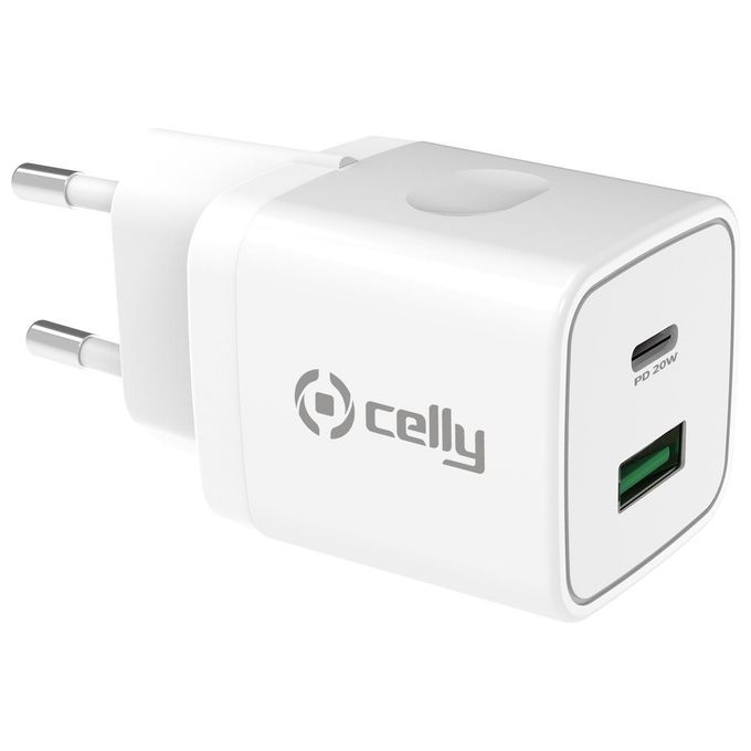 Celly TC2USBUSBC20WWH Pro Power Caricabatterie da muro 2 porte USB-A USB-C Power Delivery 20W colore Bianco