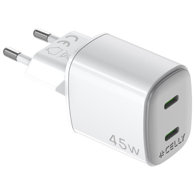 Celly UPTC2USBC45WWH Caricabatterie da Muro GaN 45W 2 Porte USB-C Ricarica Rapida Universale colore Bianco