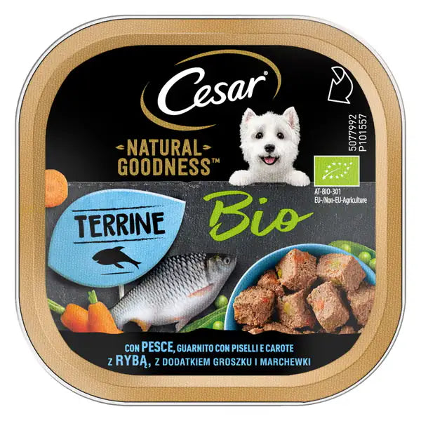 Cesar Dog Natural Goodness Terrine Bio 100 gr Pesce, guarnito con piselli e carote - confezione da 16 pezzi - Cibo umido per cani - 1° ORDINE? scegli tra BZR5 - BZR20 + 200 pt fedeltà