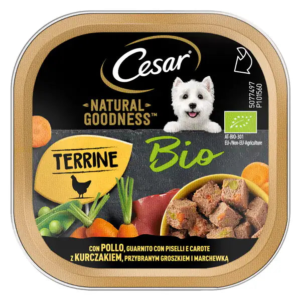 Cesar Dog Natural Goodness Terrine Bio 100 gr Pollo, guarnito con piselli e carote - confezione da 16 pezzi - Cibo umido per cani - 1° ORDINE? scegli tra BZR5 - BZR20 + 200 pt fedeltà