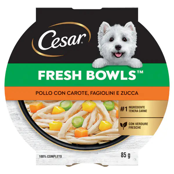 Cesar Fresh Bowls alimento completo per cani di piccola taglia 85 gr Pollo con carote, fagiolini e zucca - confezione da 10 pezzi - Cibo umido per cani - 1° ORDINE? scegli tra BZR5 - BZR20 + 200 pt fedeltà