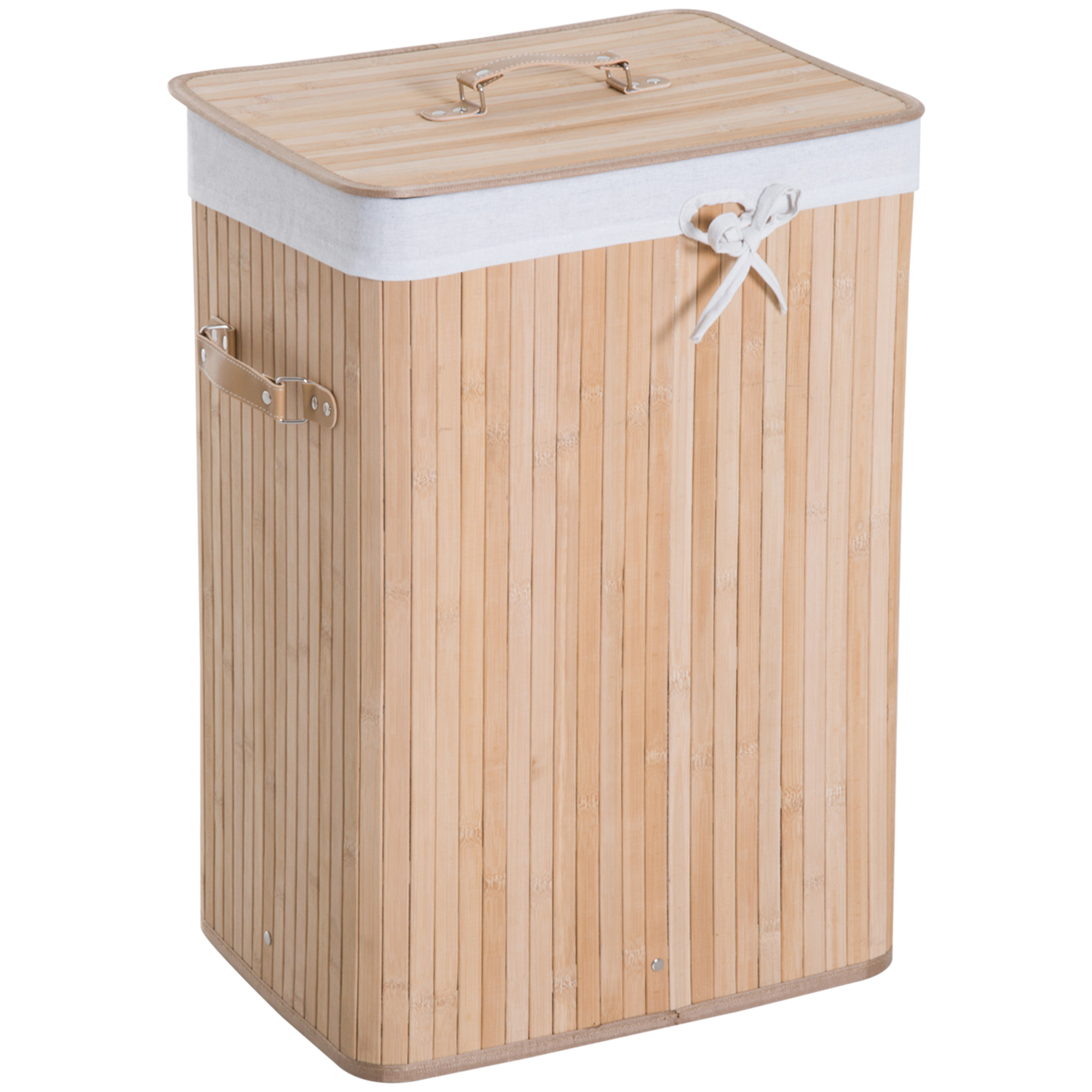 Cesto portabiancheria HOMCOM, cesto portabiancheria, vassoio portabiancheria, in bambù, pieghevole, con coperchio, borsa rimovibile, 3 maniglie, PU, 40L x 30L x 60H cm, beige
