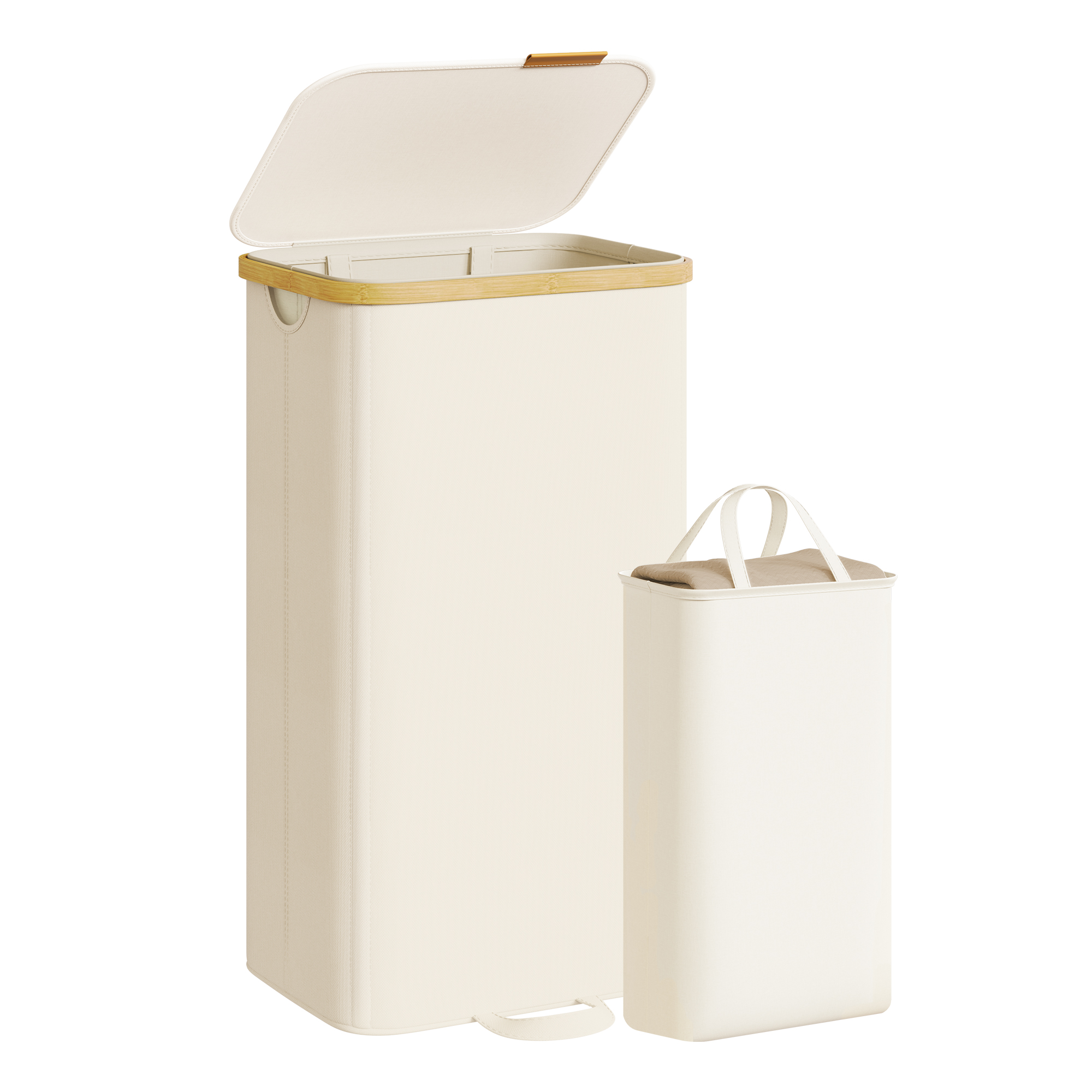Cesto Portabiancheria SONGMICS con Coperchio, Cesto per Vestiti Sporchi, Sacca Interna Rimovibile, Struttura in Bambù, Ideale per la Camera da Letto, 100 L, Bianco Panna/Grigio Ardesia