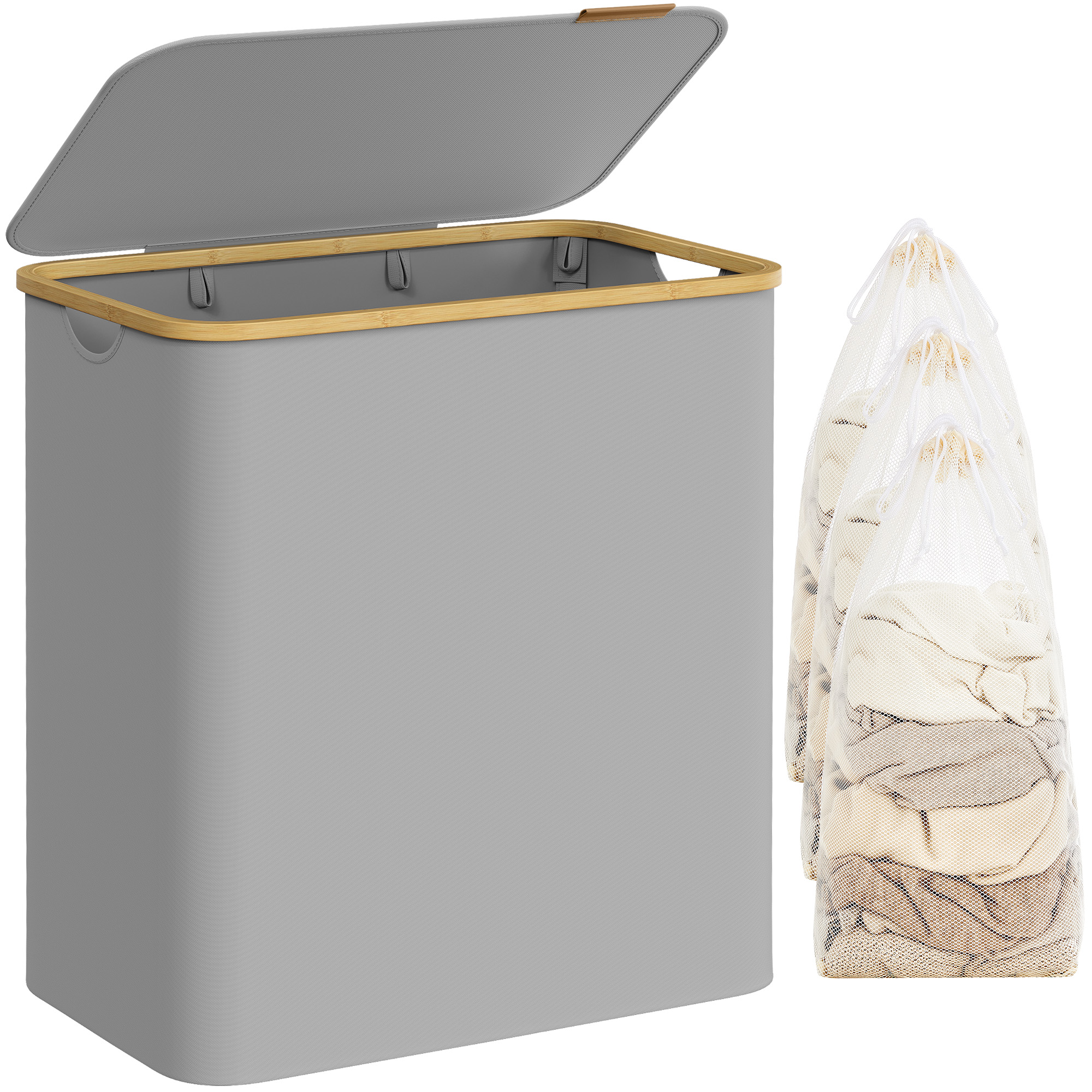 Cesto SONGMICS per Panni con Coperchio, 3 Scomparti, 150 L, Rivestimento Estraibile in Maglia, Tessuto Oxford, Manici in Bambù, Pieghevole, 60 x 38,5 x 70,5 cm, Grigio/Marrone/Nero/Crem