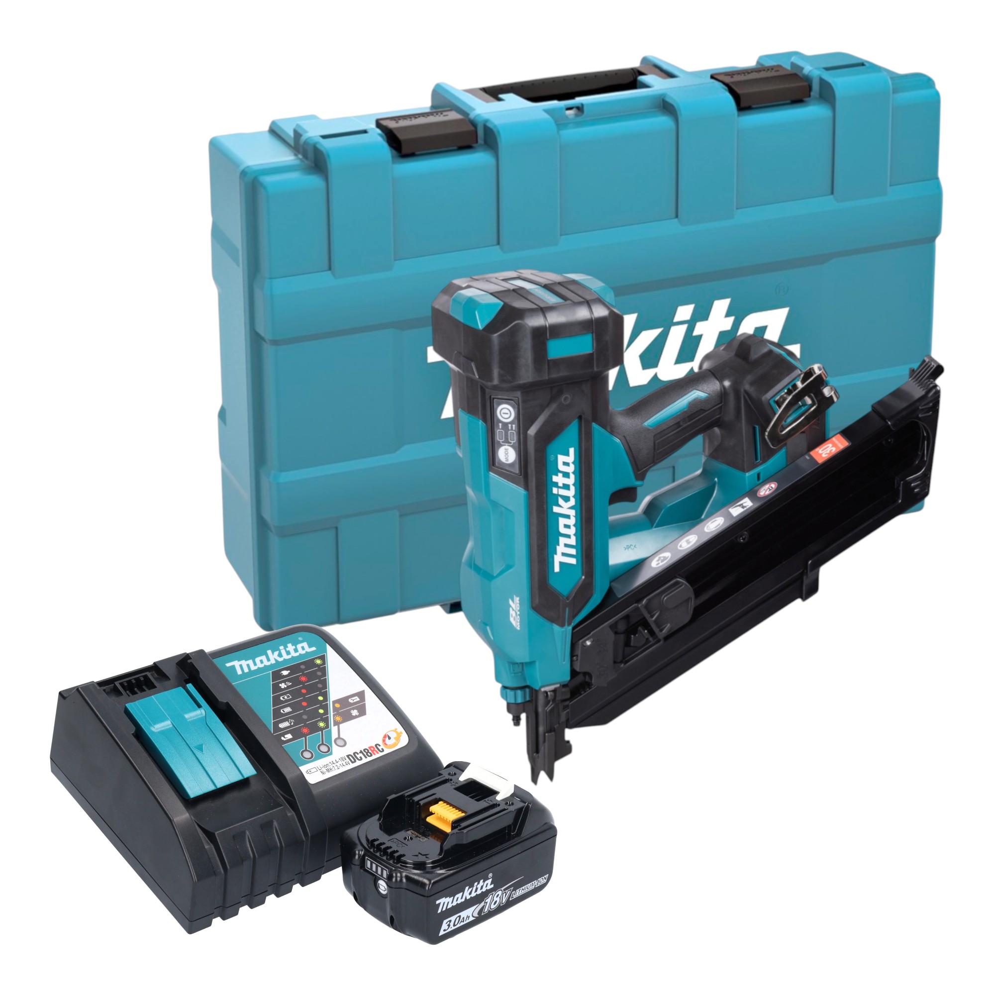 Chiodatrice A Strisce A Batteria Makita Dbn 900 Rf1k 18 V 50 - 90 Mm Brushless + 1x Batteria 3,0 Ah + Caricabatterie + Valigetta
