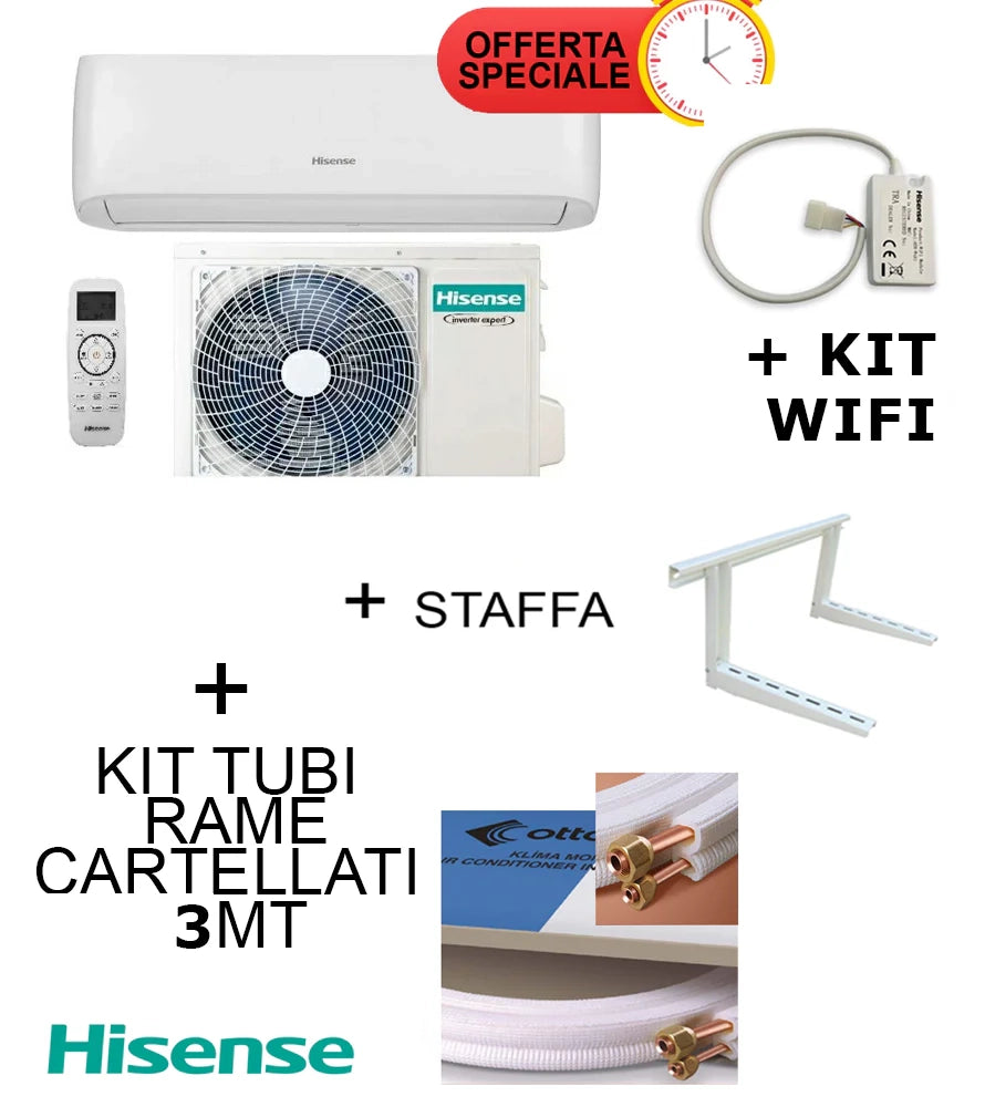 Climatizzatore Hisense Inverter EASY SMART 12000 Btu + Staffa + Kit Tubi Rame 3MT Cartellati + KIT WIFI CA35YR03G + CA35YR03W