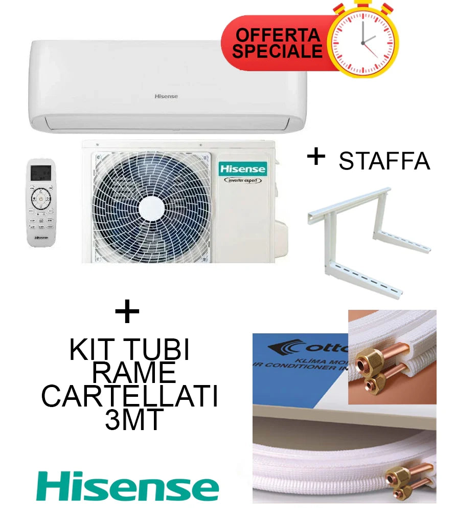 Climatizzatore Hisense Inverter Serie EASY SMART 12000 Btu + Staffa + Kit Tubi Rame 3MT Cartellati CA35MR05G + CA35MR05W R-32