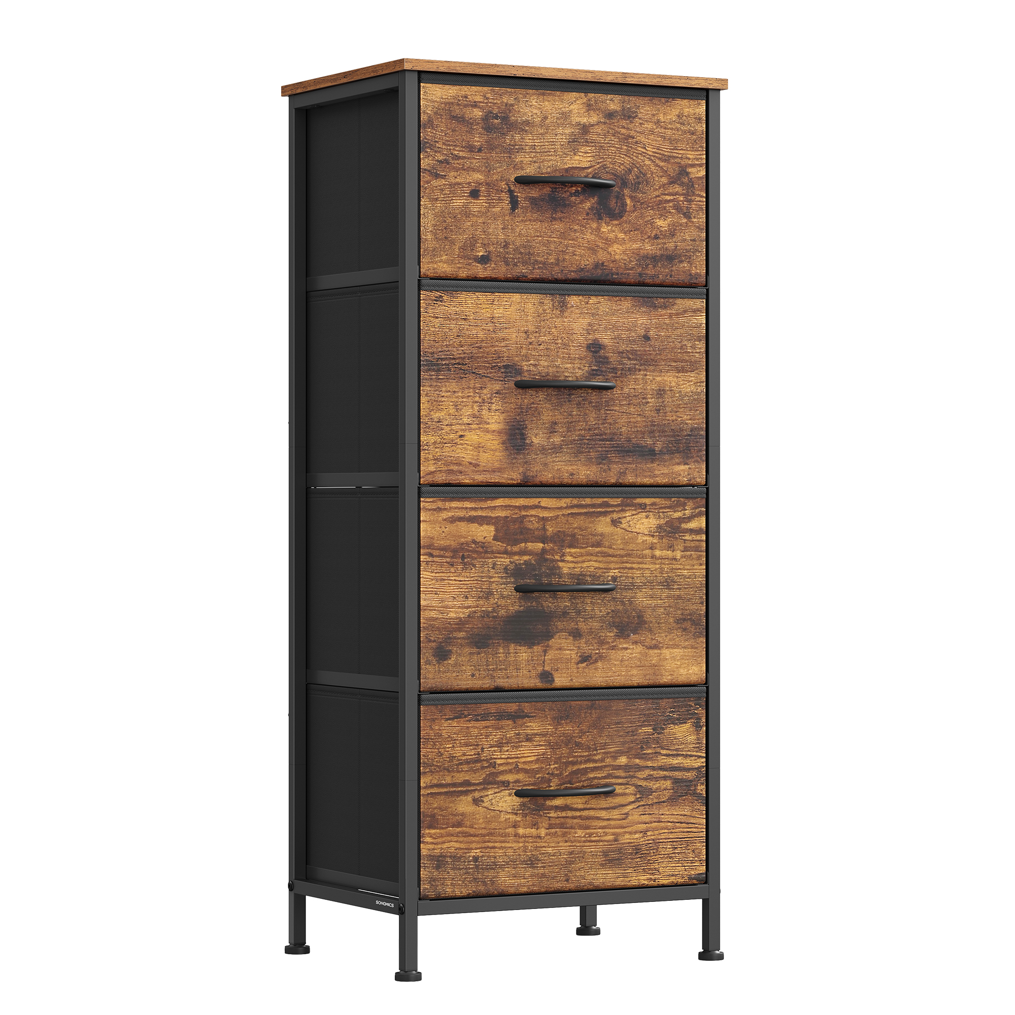 Collezione SONGMICS BELLAH - Cassettiera, Mobile contenitore, per Camera da letto, Guardaroba, Ingresso, Soggiorno, Acciaio, 4 Cassetti, Moderno, Marrone Rustico e Nero Inchiostro/Bianco Nuvola e