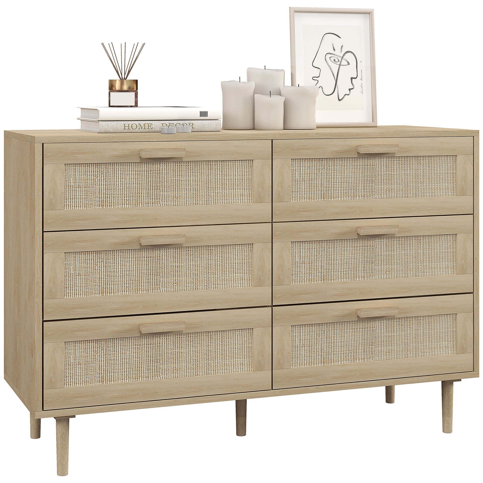 Comoda unità di archiviazione HOMCOM a 6 cassetti con intreccio in rattan. 110L x 40l x 75H cm effetto legno chiaro