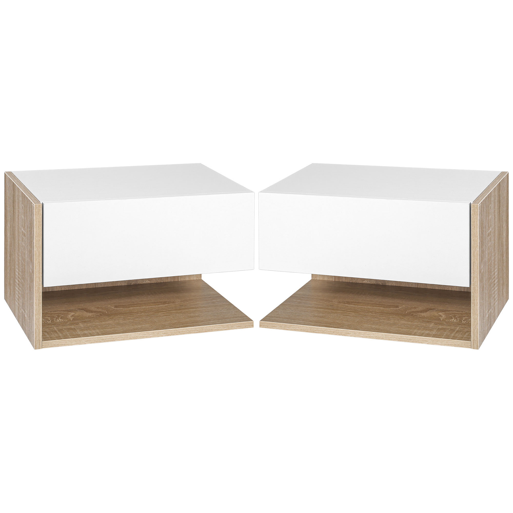 Comodini HOMCOM, set di 2 comodini da parete con cassetto scorrevole, effetto legno bicolore, Rovere Bianco