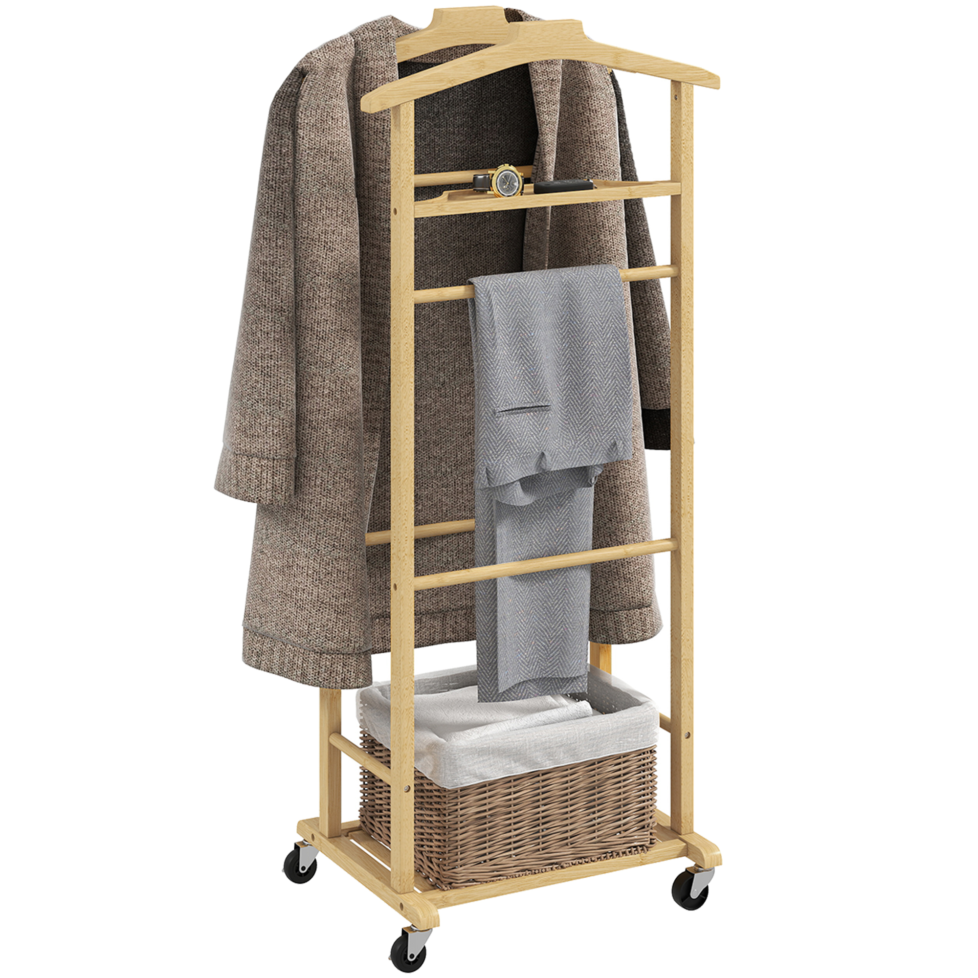 Comodino in bambù Homcom con ruote e ganci 47x33,7x105,5 cm, naturale