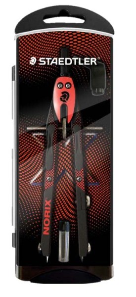 Compasso di precisione Staedtler Norix 555 in metallo - Meccanismo a pulsante e regolazione con rotella centrale - Rosso/Nero