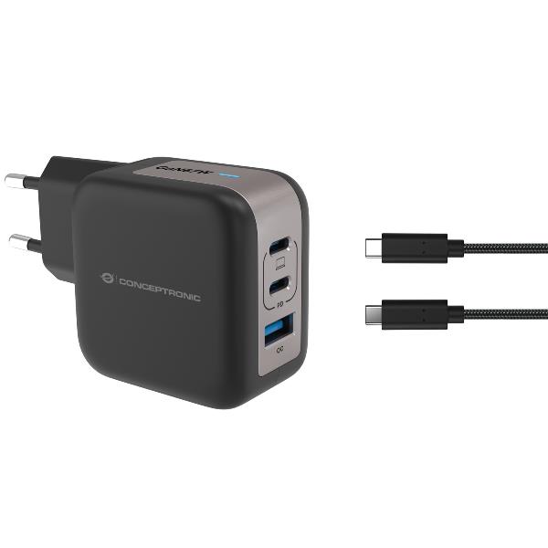 Conceptronic 3-Port 67W Gan USB Pd Charger With Usb-C Charging Cable X 2 Usb-A 1 Qc 3.0 Pps Black ALTHEA17B