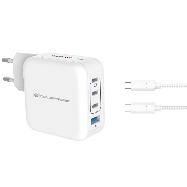 Conceptronic 4-Port 100W Gan USB Pd Charger With Usb-C Charging Cable X 3 Usb-A 1 Qc 3.0 Pps White ALTHEA18W