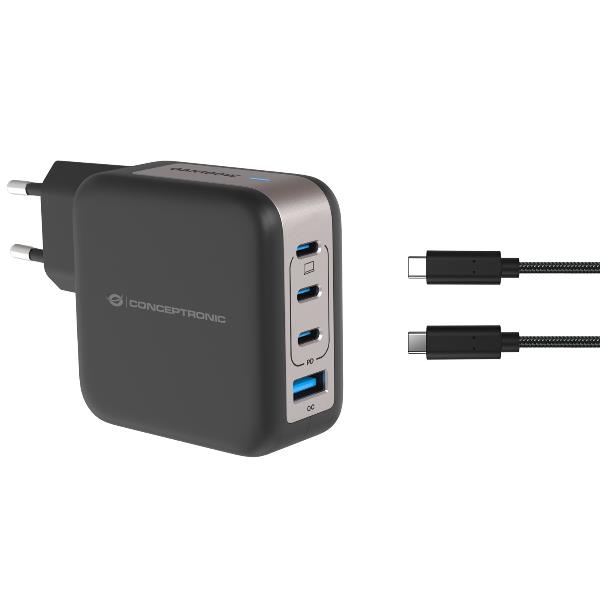 Conceptronic 4-Port 100W Gan USB Pd Charger With Usb-C Charging Cable X 3 Usb-A 1 Qc 3.0 Pps Black ALTHEA18B