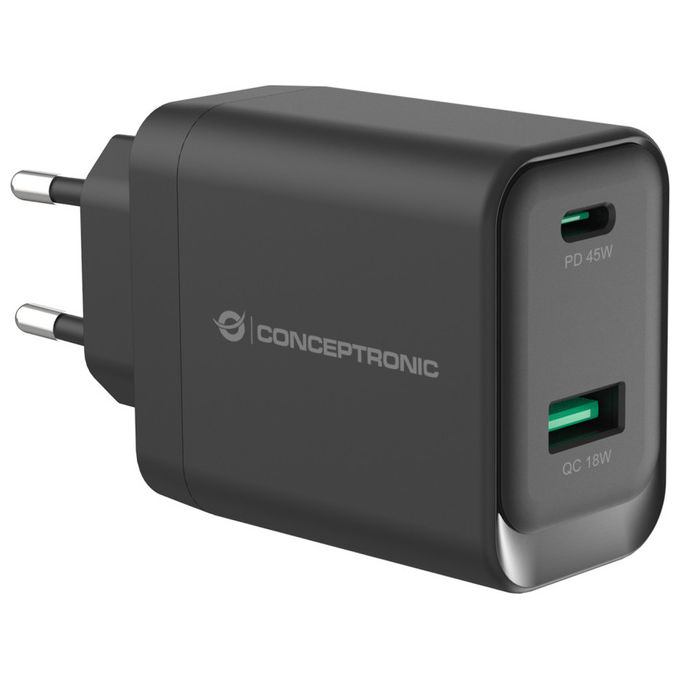 Conceptronic ALTHEA20B45 Caricatore USB GaN 45W 2 Porte USB-C USB-A Power Delivery 3.0 PPS Quick Charge 3.0 colore Nero