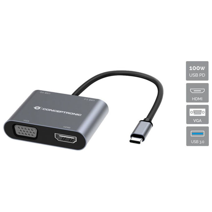 Conceptronic docking station 4 in 1 DONN16G, USB-C 3.2 Gen 1, HDMI 4K, VGA 1080p, USB-A 3.0, 100W Power Delivery, grigio Conceptronic docking station 4 in 1 DONN16G, USB-C 3.2 Gen 1, HDMI 4K, VGA 1080p, USB-A 3.0, 100W Power Delivery, grigio