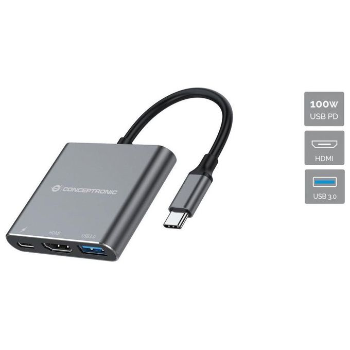 Conceptronic DONN18G Docking Station 3 in 1 USB-C USB 3.2 Gen 1 HDMI 4K 30Hz USB PD 100W colore Grigio