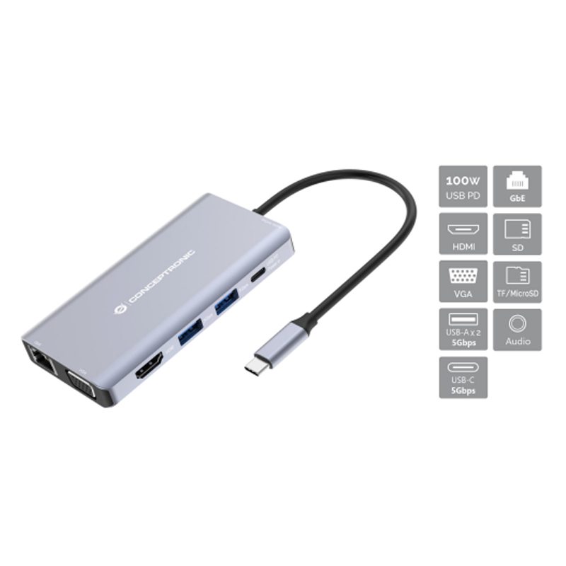 Conceptronic DONN20G replicatore di porte e docking station per laptop Cablato USB 3.2 Gen 1 (3.1 Gen 1) Type-C Grigio Conceptronic DONN20G replicatore di porte e docking station per laptop Cablato USB 3.2 Gen 1 (3.1 Gen 1) Type-C Grigio