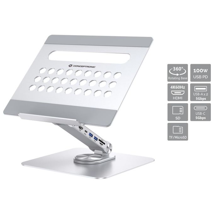 Conceptronic DONN27G Supporto per Laptop con Docking Station 7in1 Hub USB 3.2 HDMI Lettore Schede 100W colore Argento Conceptronic DONN27G Supporto per Laptop con Docking Station 7in1 Hub USB 3.2 HDMI Lettore Schede 100W colore Argento