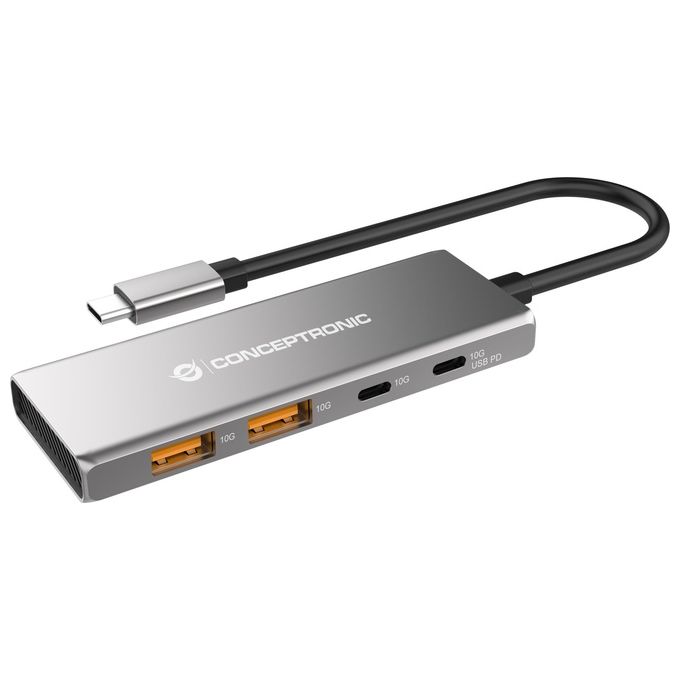 Conceptronic HUBBIES15G Hub USB 3.2 Gen 2 4 Porte 10000 Mbit-s Tipo C e Tipo A Alimentazione fino a 100 W in Alluminio colore Grigio