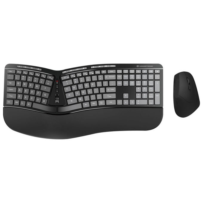 Conceptronic ORAZIO02US Kit Tastiera e Mouse Wireless Ergonomico QWERTY 124 tasti 2.4 GHz con Riposo del Polso colore Nero