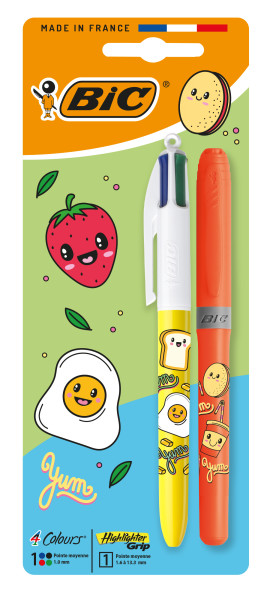 Confezione Bic 4 Colours Decors Kawaii con 1 penna a sfera retrattile + 1 evidenziatore fluorescente con impugnatura (colore casuale) - Punta media da 10 mm - Inchiostro a base d'olio - Corpo decorato in stile Kawaii - Colori assortiti