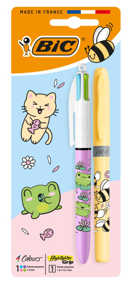 Confezione Bic 4 Colours Decors Kawaii con 1 penna a sfera retrattile pastello + 1 evidenziatore con impugnatura pastello (colore casuale) - Punta media da 10 mm - Inchiostro a base d'olio - Corpo decorato in stile Kawaii - Colori assortiti