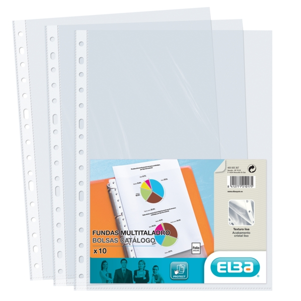 Confezione da 10 buste multiforate in PP Elba da 70 micron - Formato foglio - Finitura cristallo - Trasparente Confezione da 10 buste multiforate in PP Elba da 70 micron - Formato foglio - Finitura cristallo - Trasparente
