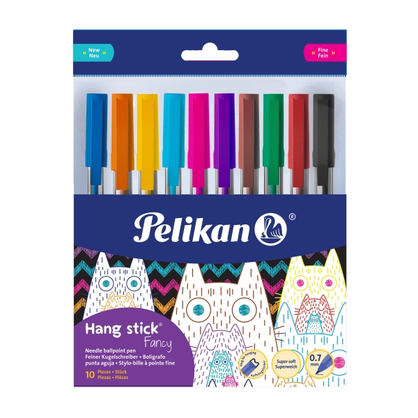 Confezione da 10 penne a sfera Pelikan Hang Stick - Tratto da 07 mm - Cappuccio anti-soffocamento - Corpo triangolare ergonomico - Gancio - Inchiostro a base d'olio - Colori assortiti