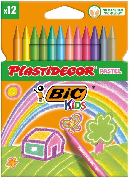 Confezione da 12 pastelli a cera Bic Kids Plastidecor Pastel - Extra resistenti - Facili da temperare - Non macchiano - Colori pastello assortiti