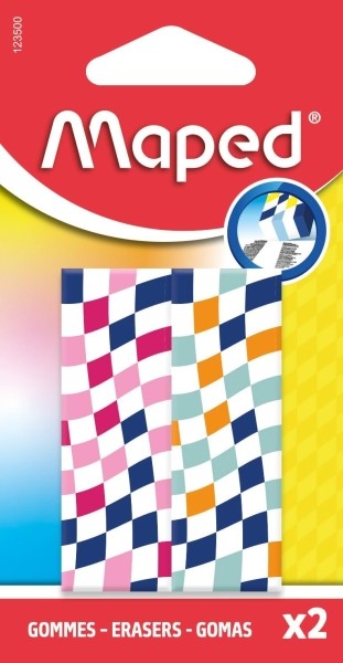 Confezione da 2 gomme Maped con 3 disegni a scacchiera - Forma rettangolare - Senza ftalati - Colori assortiti Confezione da 2 gomme Maped con 3 disegni a scacchiera - Forma rettangolare - Senza ftalati - Colori assortiti