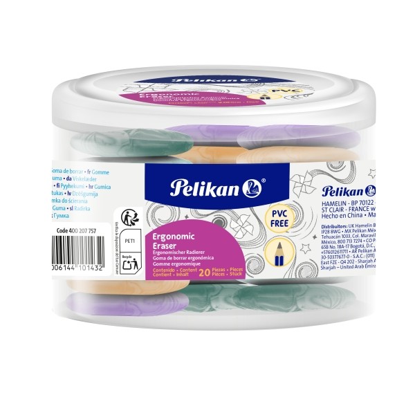 Confezione da 20 gomme ergonomiche Pelikan - Vinile - Senza PVC - Effetto marmo - Colori assortiti