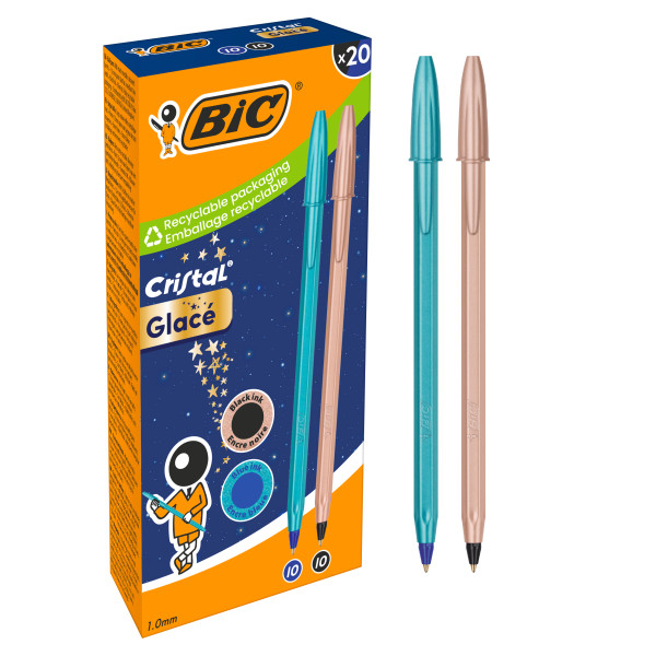 Confezione da 20 penne a sfera Bic Cristal Glace - Corpo opaco nei colori blu metallizzato opaco e rame opaco - Punta tonda da 1 mm - Tratto da 04 mm - Inchiostro a base d'olio - Colori: 10 blu 10 neri Confezione da 20 penne a sfera Bic Cristal Glace - Corpo opaco nei colori blu metallizzato opaco e rame opaco - Punta tonda da 1 mm - Tratto da 04 mm - Inchiostro a base d'olio - Colori: 10 blu 10 neri