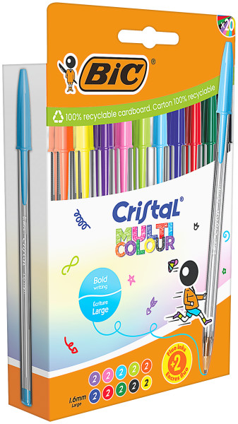Confezione da 20 penne a sfera Bic Cristal Multicolor - Punta da 16 mm - Tratto da 042 mm - Inchiostro a base di olio - Colori assortiti Confezione da 20 penne a sfera Bic Cristal Multicolor - Punta da 16 mm - Tratto da 042 mm - Inchiostro a base di olio - Colori assortiti