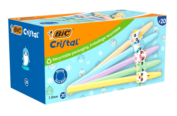 Confezione da 20 penne a sfera Bic Cristal Pastel Figurines - Corpo opaco in colori pastello con figure di animali - Punta tonda da 1 mm - Tratto da 04 mm - Inchiostro a base d'olio - Colore inchiostro blu
