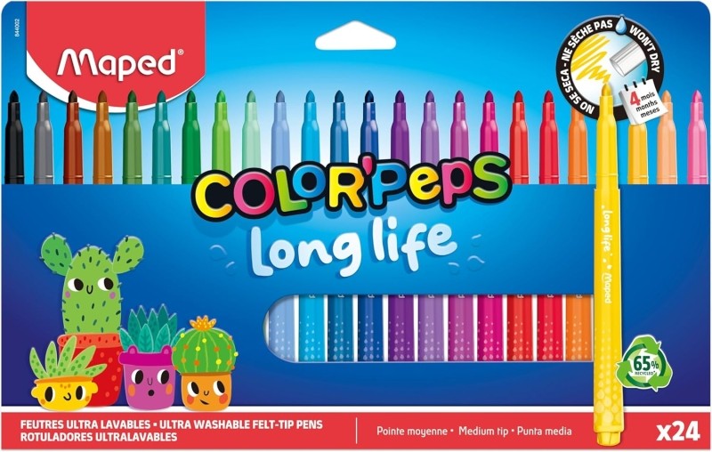 Confezione da 24 pennarelli Maped Color'Peps Longlife con punta media bloccata da 37 mm - Inchiostro lavabile - Colori assortiti