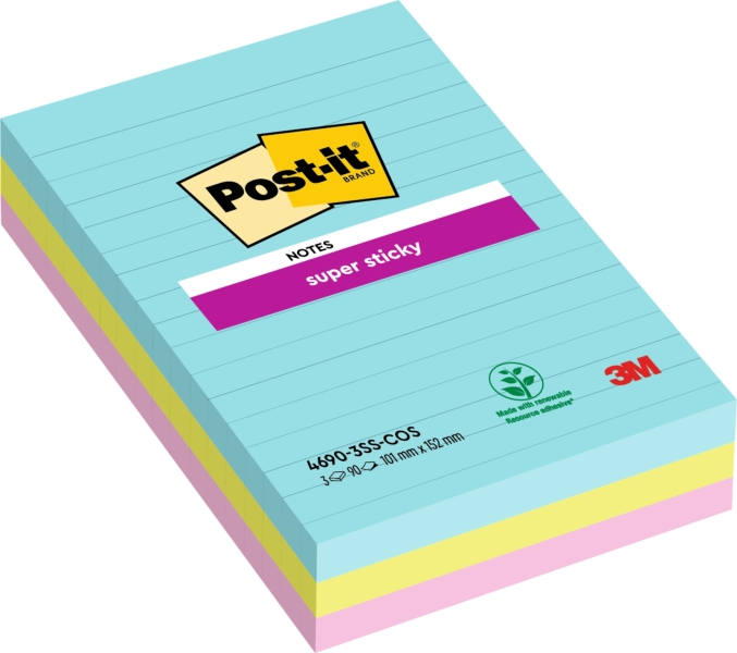 Confezione da 3 blocchetti di Post-it Super Sticky da 90 foglietti adesivi riposizionabili - Forma rettangolare - 101x152 mm - Colori assortiti