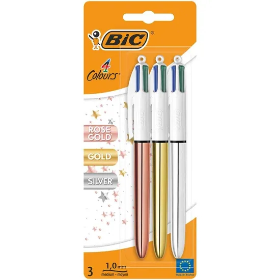 Confezione da 3 penne a sfera retrattili Bic 4 colori - Punta da 1 mm - Tratto da 04 mm - Inchiostro a base d'olio - Corpo color oro argento e oro rosa Confezione da 3 penne a sfera retrattili Bic 4 colori - Punta da 1 mm - Tratto da 04 mm - Inchiostro a base d'olio - Corpo color oro argento e oro rosa