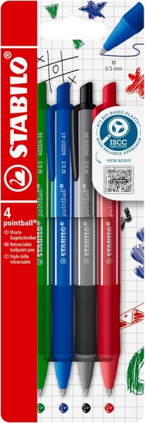 Confezione da 4 penne retrattili Stabilo Pointball colorate - Tratto da 05 mm - Realizzate con l'87% di bioplastica - Impugnatura antiscivolo - Ricaricabili - Colori assortiti