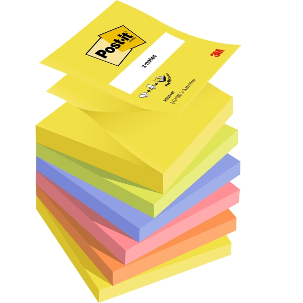 Confezione da 6 blocchetti di Post-it da 100 foglietti adesivi riposizionabili a Z formato quadrato 76x76 mm colori assortiti. Confezione da 6 blocchetti di Post-it da 100 foglietti adesivi riposizionabili a Z formato quadrato 76x76 mm colori assortiti.