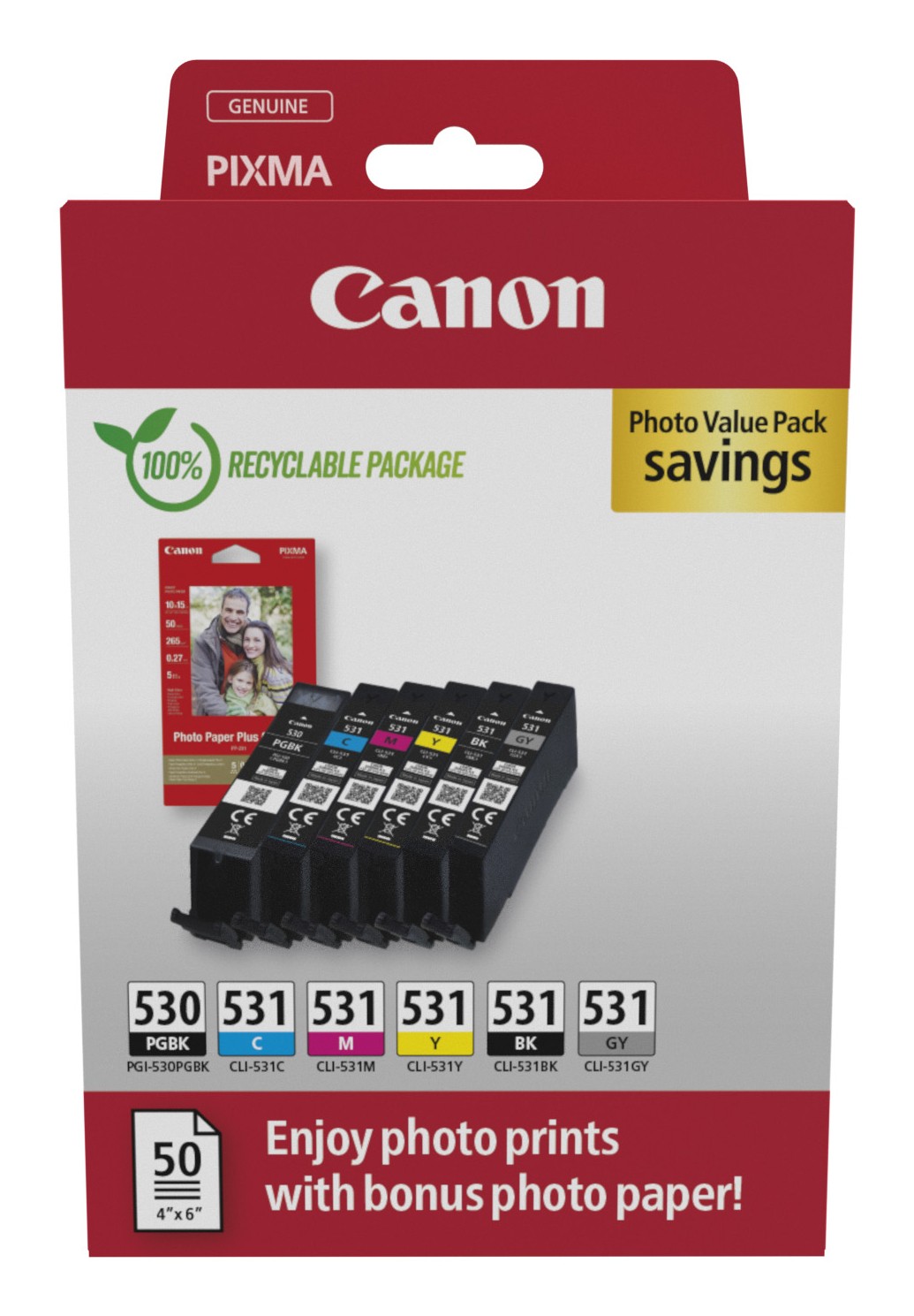 Confezione da 6 cartucce d'inchiostro originali Canon PGI530/CLI531 + 50 fogli di carta fotografica 10x15 cm - 6117C004 Confezione da 6 cartucce d'inchiostro originali Canon PGI530/CLI531 + 50 fogli di carta fotografica 10x15 cm - 6117C004