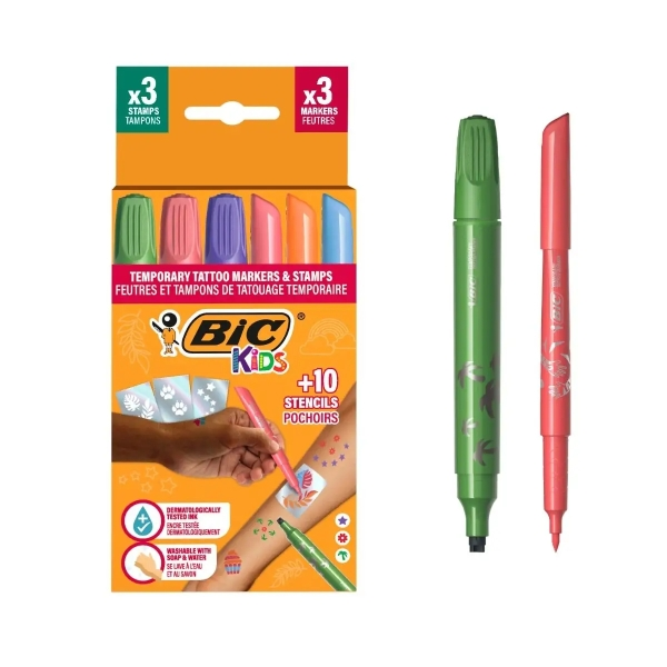 Confezione di tatuaggi temporanei Bic Kids 3 timbri + 3 pennarelli + 10 stencil - Inchiostro dermatologicamente testato e senza profumo - Colori assortiti Confezione di tatuaggi temporanei Bic Kids 3 timbri + 3 pennarelli + 10 stencil - Inchiostro dermatologicamente testato e senza profumo - Colori assortiti