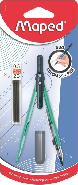 Confezione Maped Duo+Pen con compassi Duo e astuccio per mine - Compasso utilizzabile anche come matita meccanica - Clip da tasca - Colori assortiti casuali